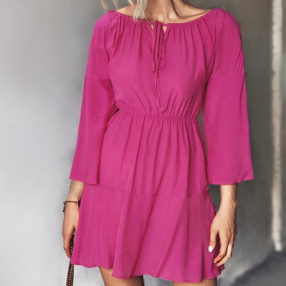 Tie Neck Flare Sleeve Mini Dress - Picture 1 of 7